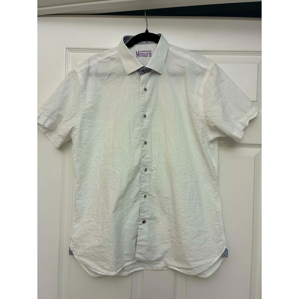 Misura Men White Textured Button Up Shirt Short Sleeve‎ Casual Summer Size L